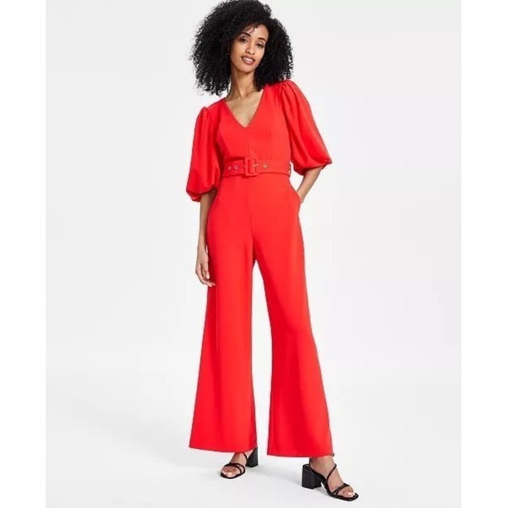 Rachel Roy Dressy Jumpsuit Women's Medium Red V Neck Puff Sleeve Belted NWT